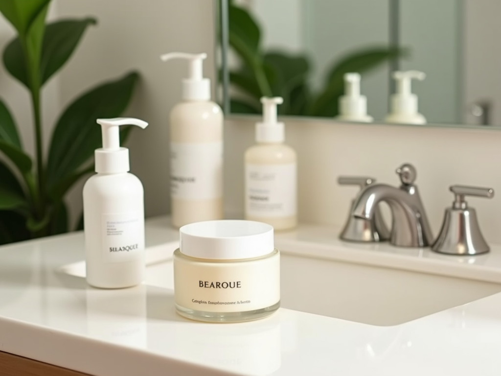 A collection of skincare products on a bathroom counter next to a sink with green plants in the background.