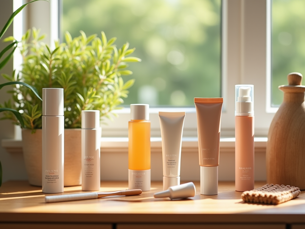 Assorted skincare products displayed on a wooden desk by a sunny window, surrounded by plants.