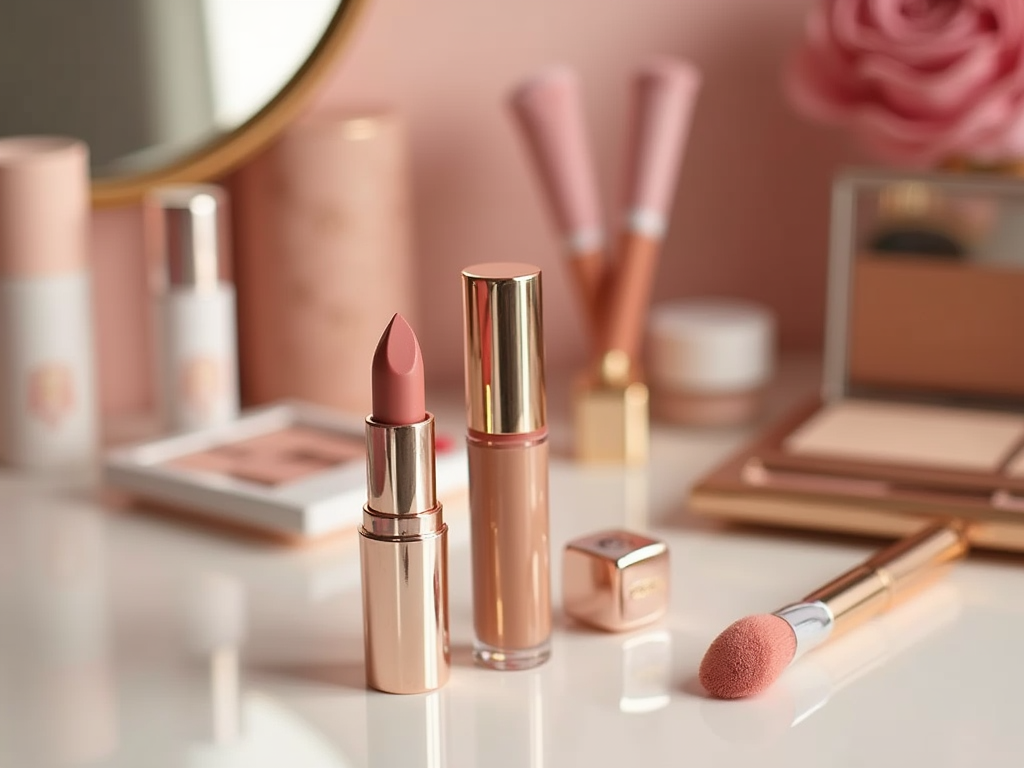 Elegant makeup collection including lipstick, brushes, and palettes in soft pink tones on a vanity.