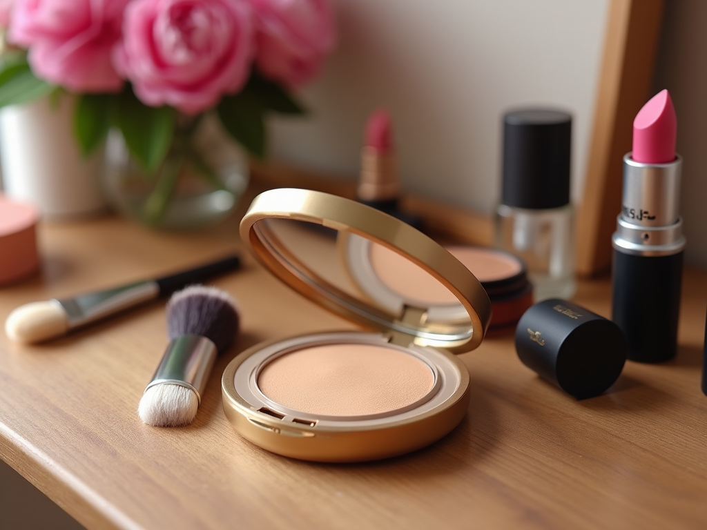 Various makeup products on a wooden table, including a compact powder, brushes, and lipsticks.