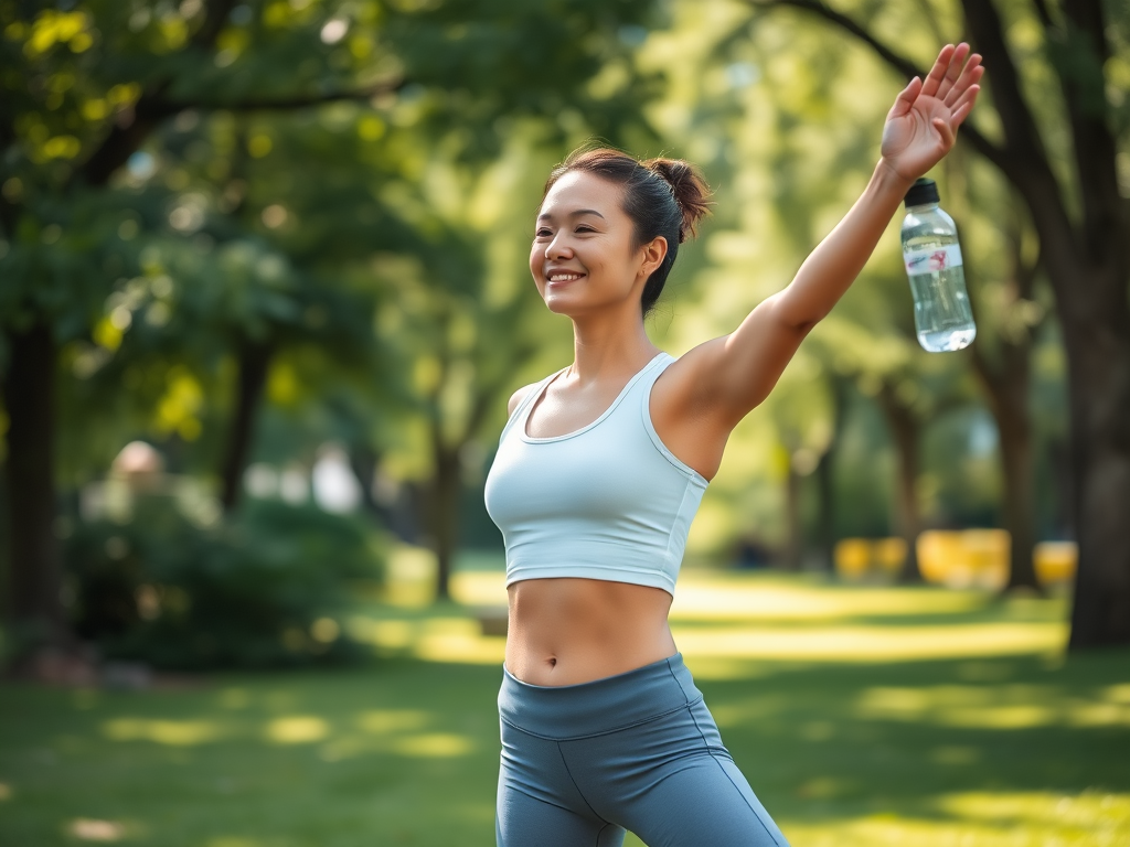 A smiling woman in athletic wear holds a water bottle aloft, enjoying a sunny day in a lush green park.