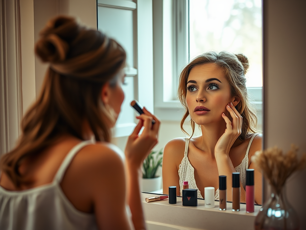 A woman applying lipstick while looking in the mirror, surrounded by various makeup products on the counter.