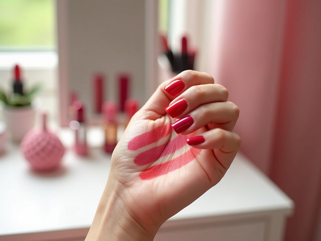 Hand with red manicure swatches lipstick on wrist, makeup items in blurry background.