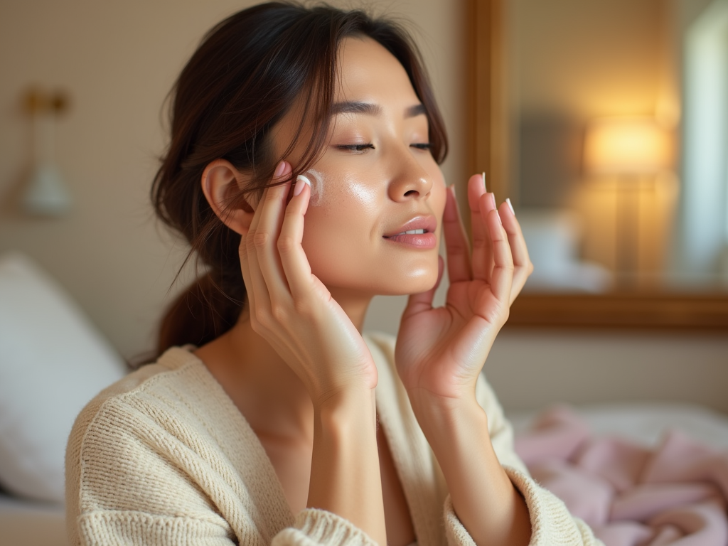 Asian woman gently touching her face, sitting in a cozy room lit by warm light.