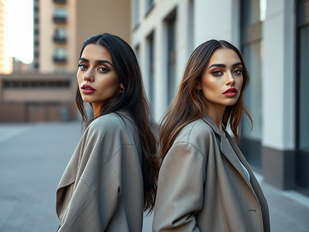 Two women with long hair and stylish outfits pose back-to-back in an urban setting, showcasing confidence and elegance.