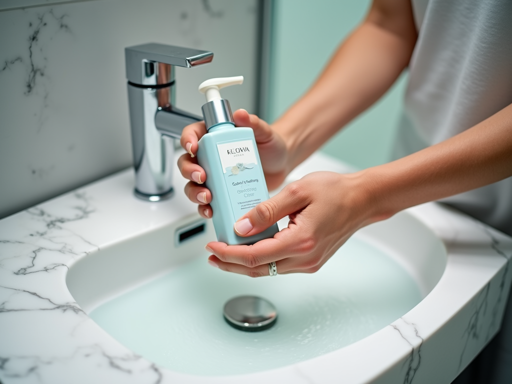 Person holding a bottle of Klowa hand soap over a modern sink.