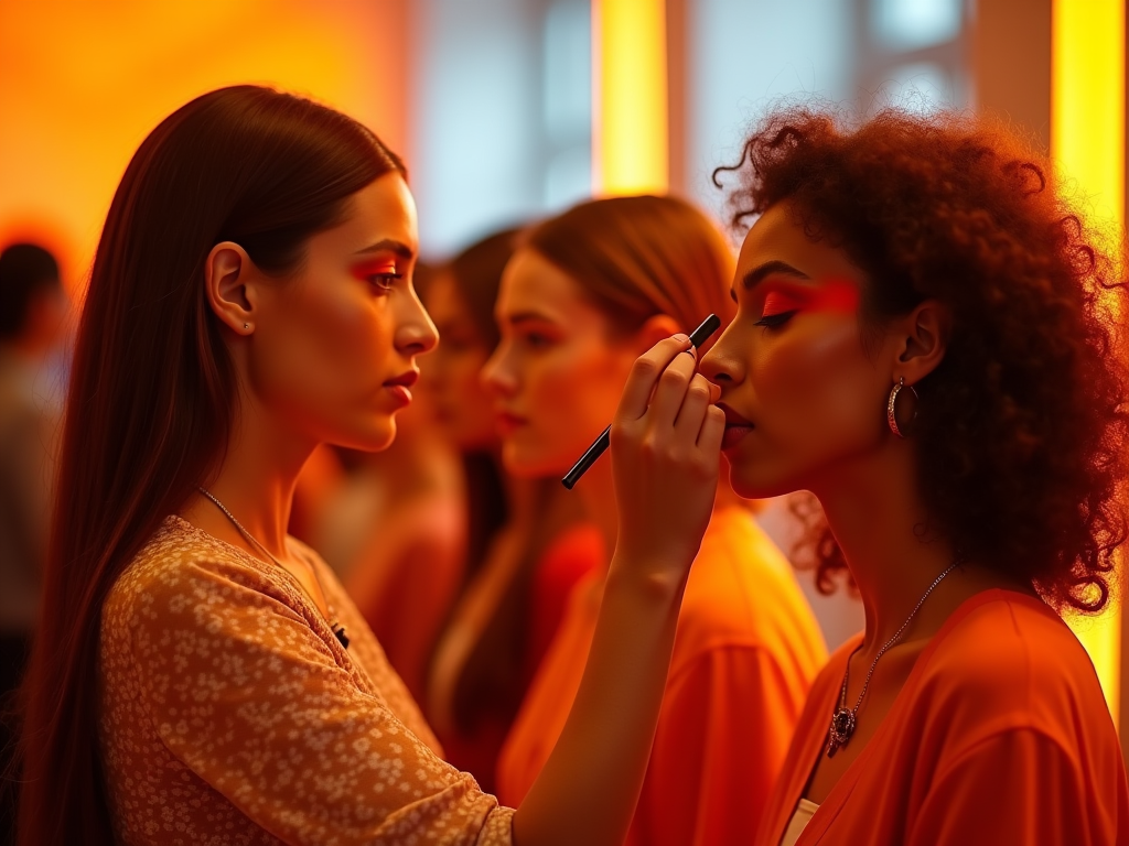 Makeup artist applying eye shadow on a woman under orange lighting.