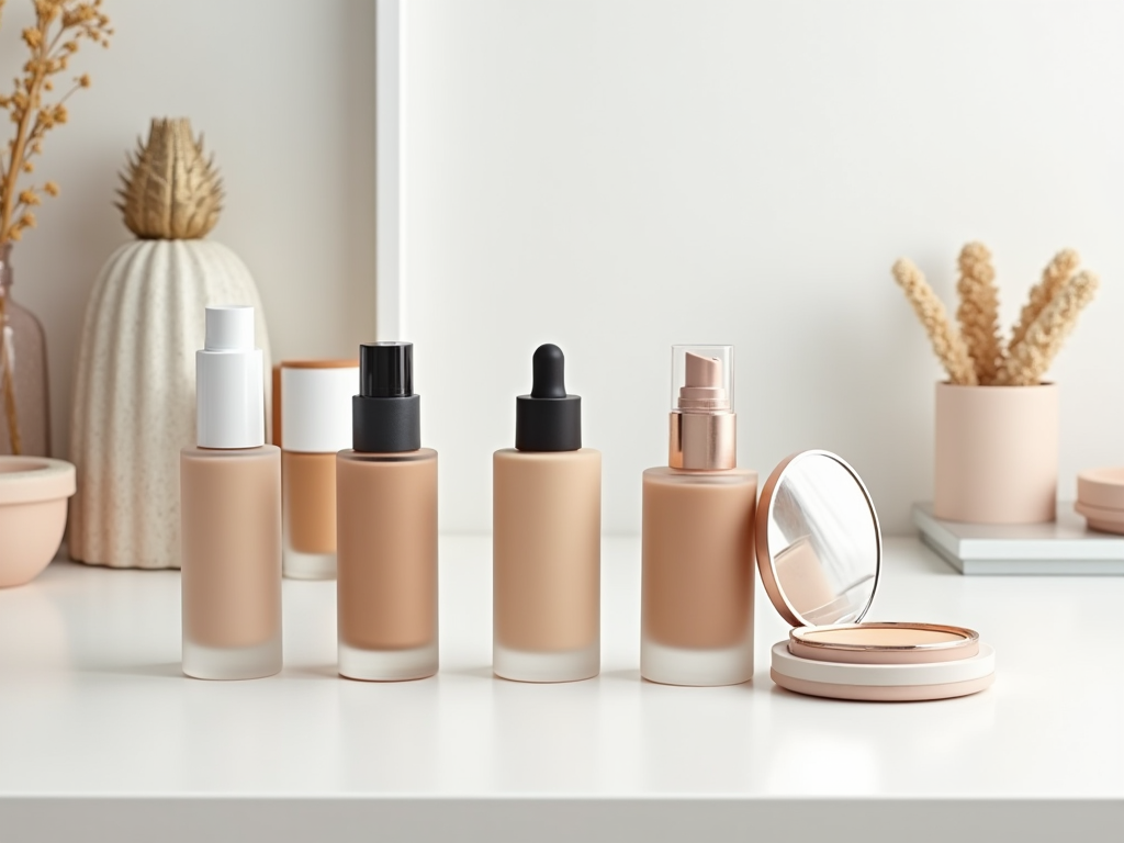 Various cosmetic bottles on a shelf with decorative items in a minimalist setting.