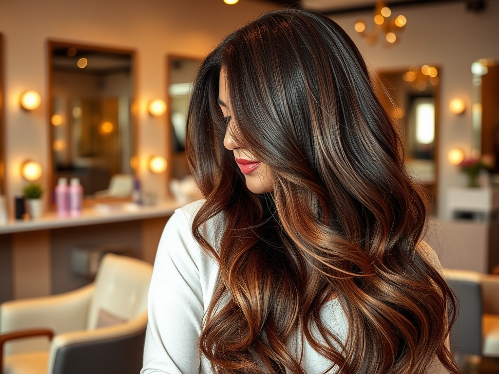 A woman with long, wavy, dark brown hair styled in a salon, reflecting soft lighting and elegant decor.