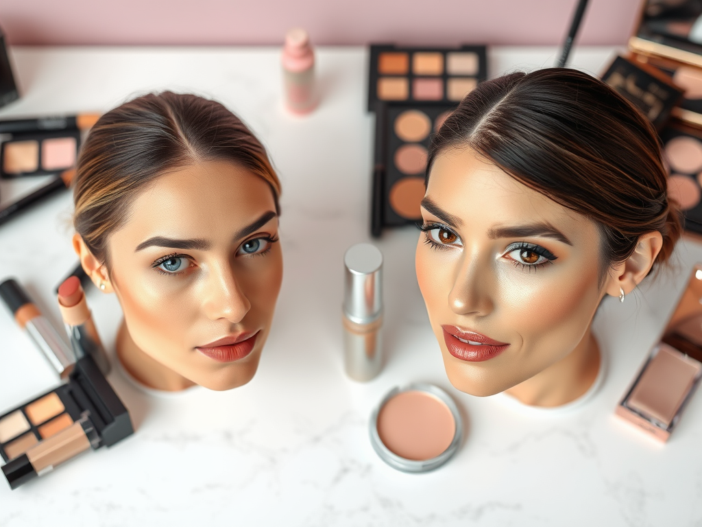 Two women with flawless makeup surrounded by various cosmetic products on a marble surface.