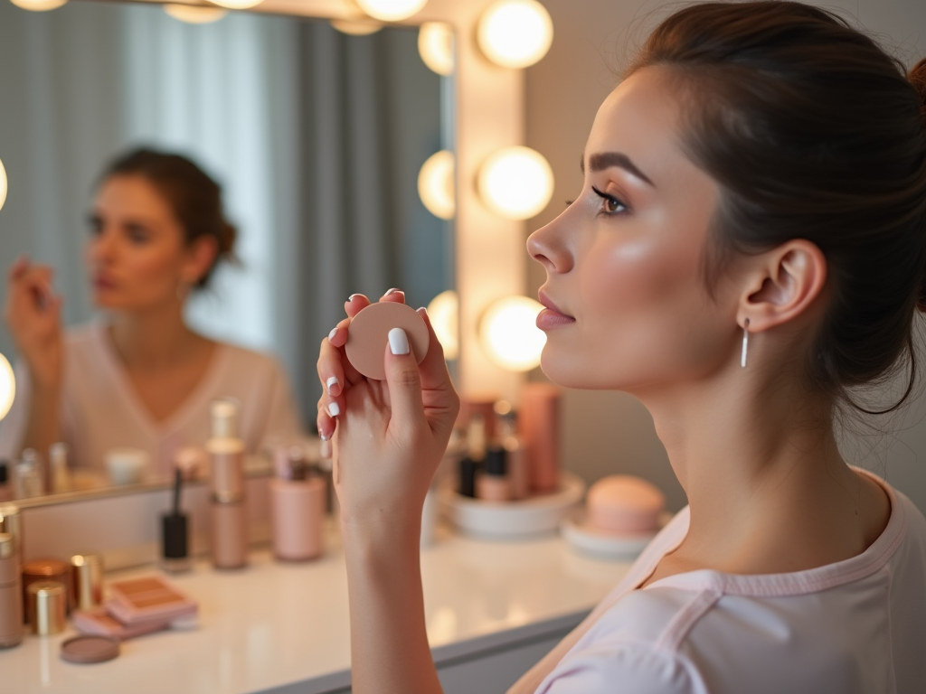 Woman applying makeup in front of a mirror with lights, beauty products on table.