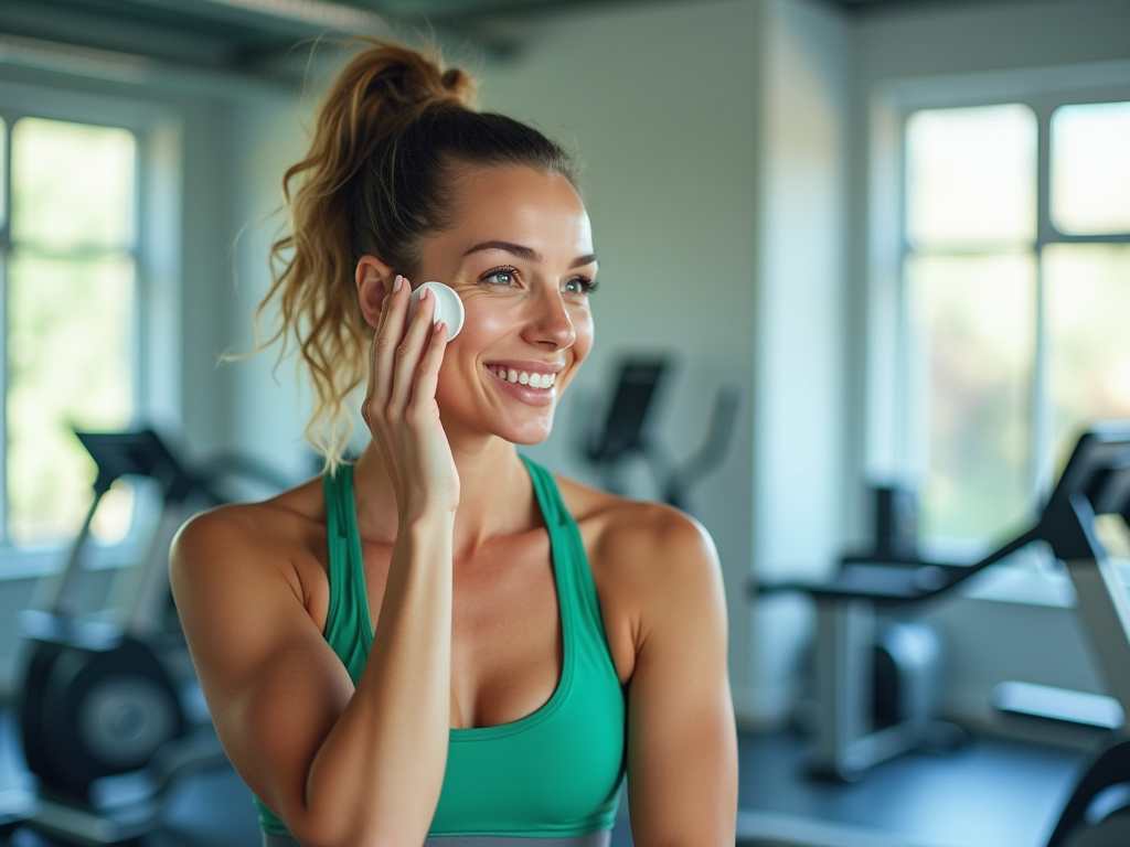 Smiling woman in green sports top using a facial cleansing device in a gym.