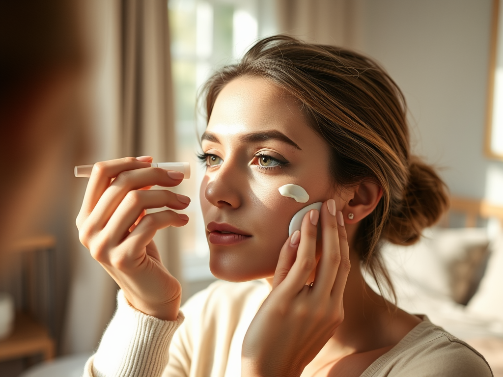 A young woman applies skincare product to her face while holding a small tube and a makeup sponge.