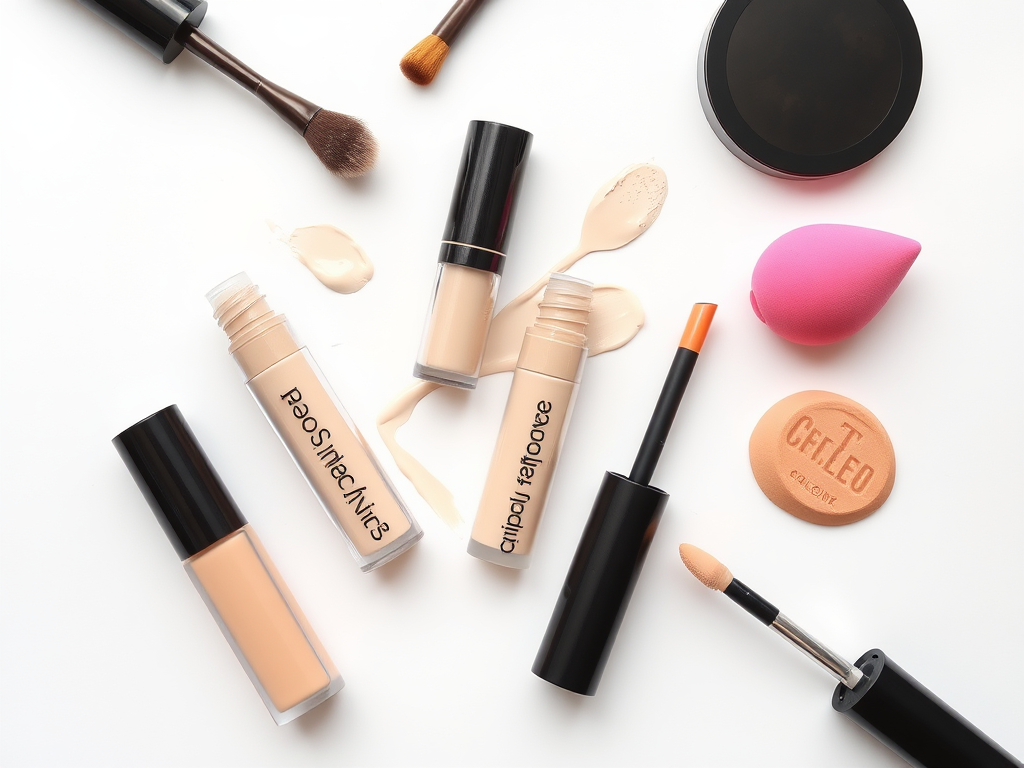 Cosmetics displayed on a white background: various foundation tubes, a beauty sponge, and makeup tools.