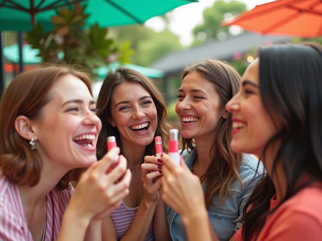 Four women laughing and holding lipstick, sitting together at an outdoor café.