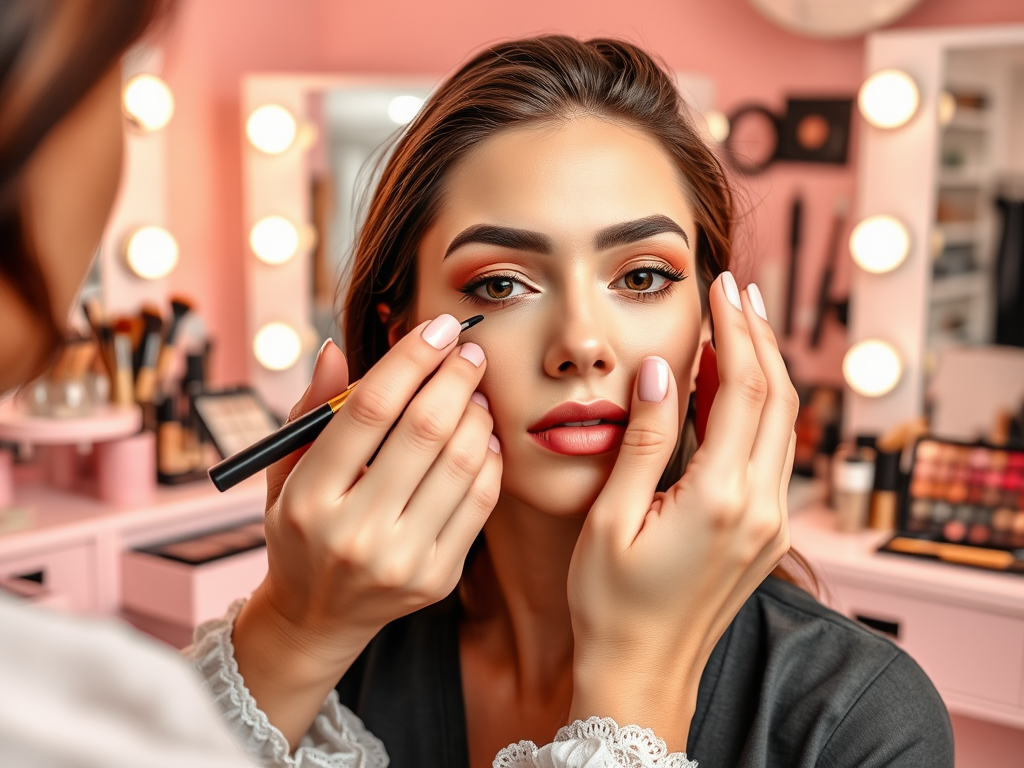 A makeup artist applies eyeliner to a woman's eye in a bright, stylish makeup studio.