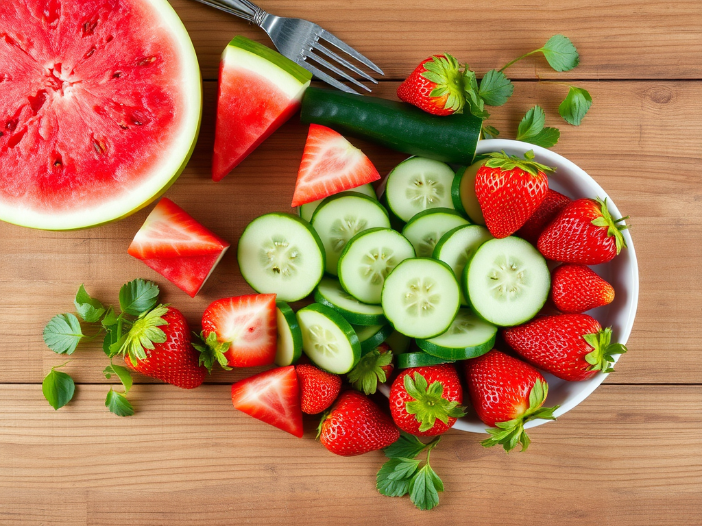 A bowl filled with sliced cucumbers, strawberries, and watermelon on a wooden surface, garnished with mint leaves.