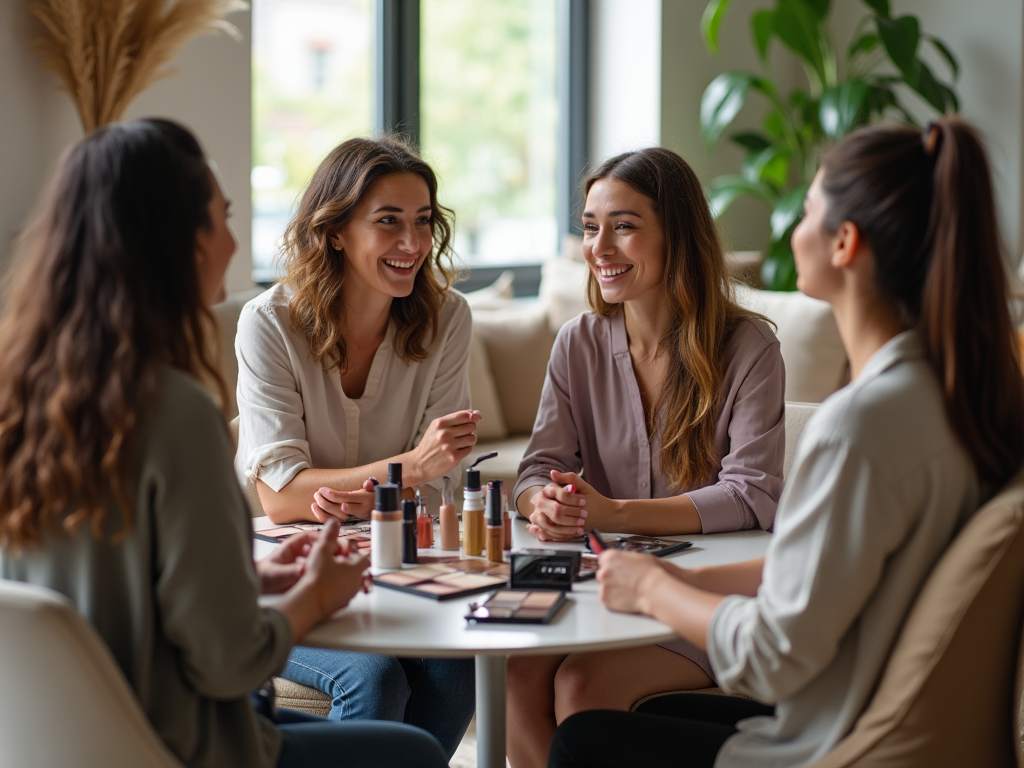 Four women smiling and talking around a table with makeup products in a bright room.