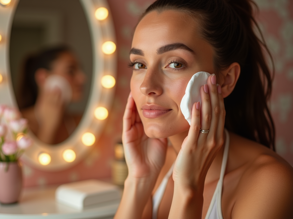 Woman removing makeup with a pad, reflected in a lighted mirror.