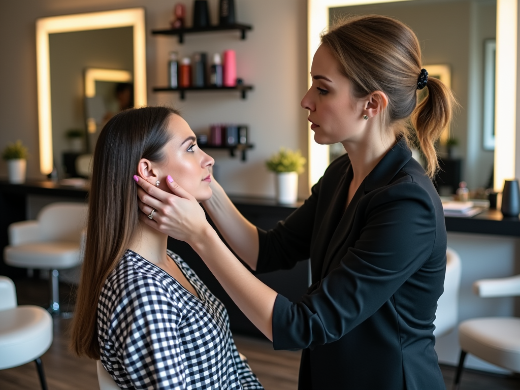 Makeup artist applying makeup on a woman in a salon.