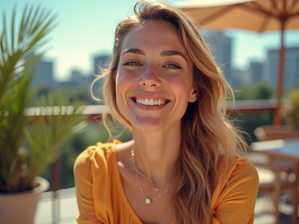 Smiling woman in a yellow top on a sunny terrace with cityscape and plants in the background.