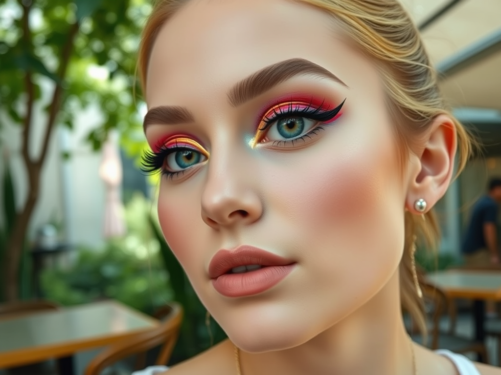 A close-up of a woman showcasing vibrant eye makeup with colorful eyeliner and full lashes, set in a café environment.