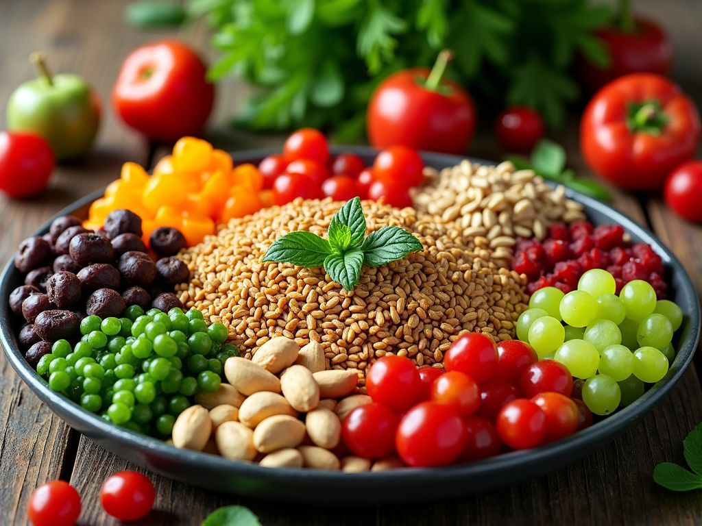 Colorful assortment of fruits, nuts, and seeds in a black bowl on a wooden table, garnished with mint.