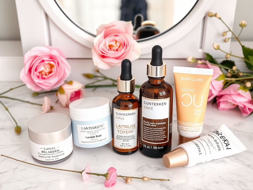 A collection of skincare products displayed on a marble surface with pink roses in the background.