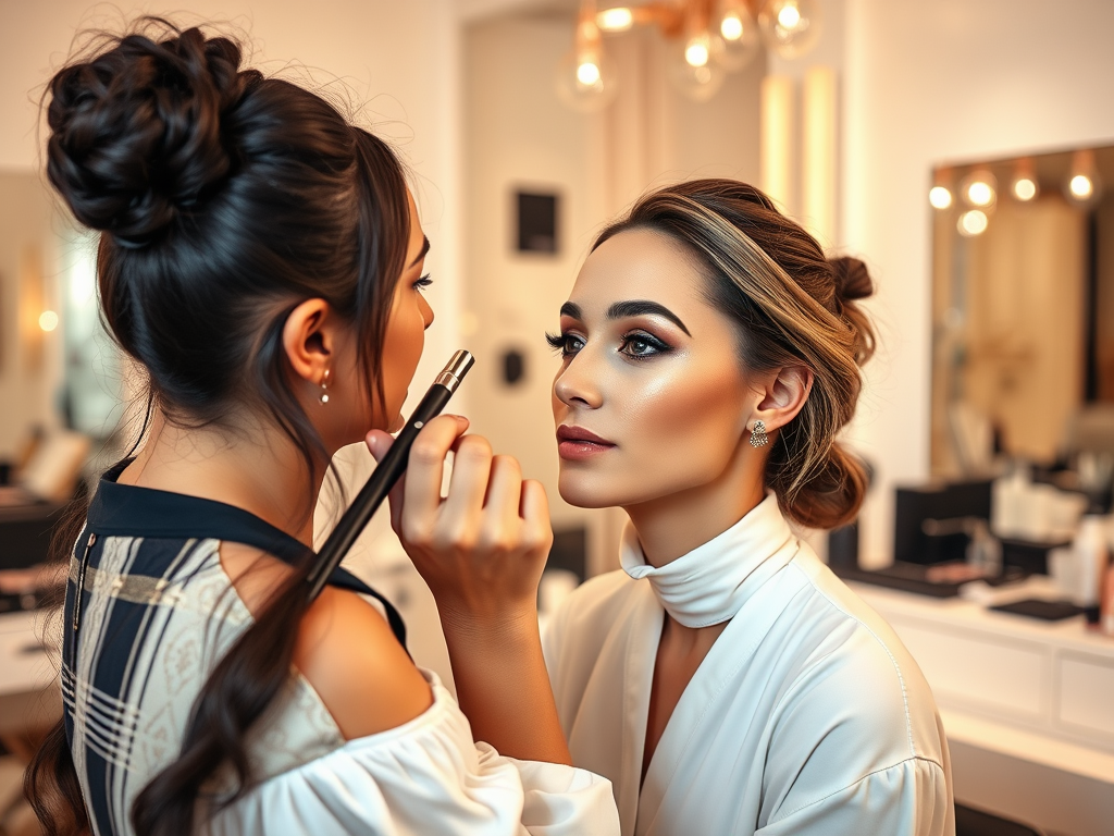 A makeup artist applies makeup to a woman in a stylish salon, focusing on highlights and details.