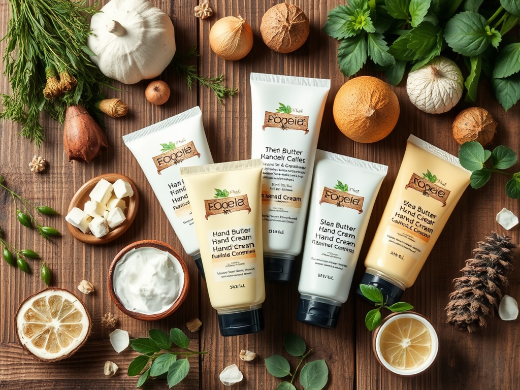 Five hand creams surrounded by natural ingredients like herbs, lemon, and nuts, on a wooden surface.