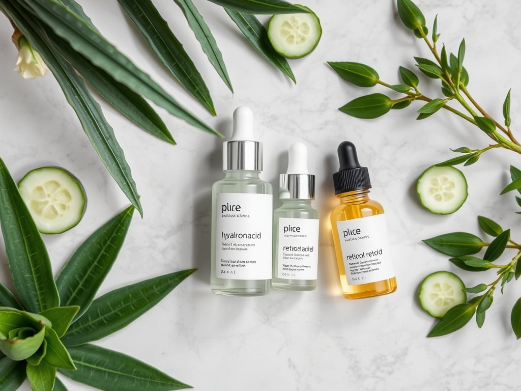 Three skincare serums are arranged on a marble surface, surrounded by cucumber slices and green leaves.