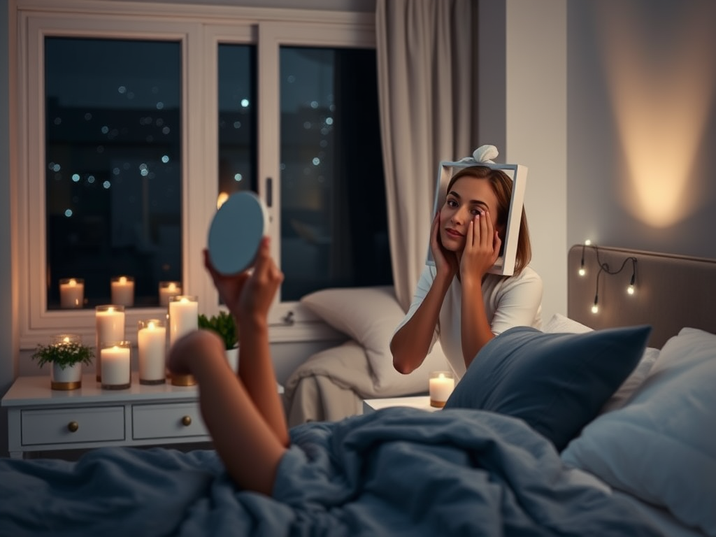 A woman looks in a mirror while relaxing in bed, surrounded by candles and soft lighting at night.