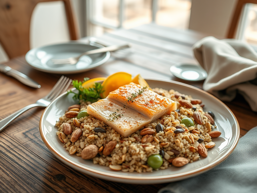 A plate of couscous topped with two pieces of fish, garnished with herbs and served with lemon slices.