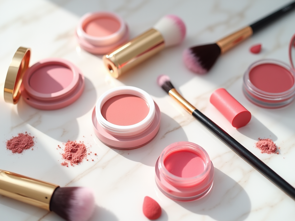 Variety of pink blushes and makeup brushes on a marble surface, with sunlight highlighting textures.