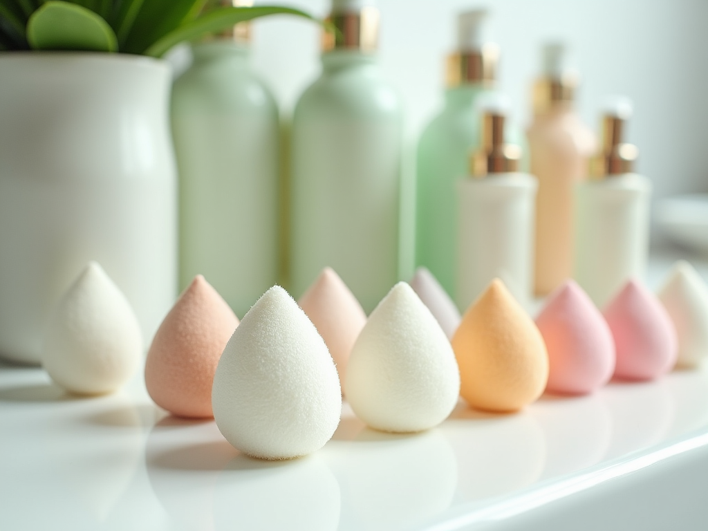 Colorful makeup sponges in front of pastel-toned beauty product bottles on a white surface.