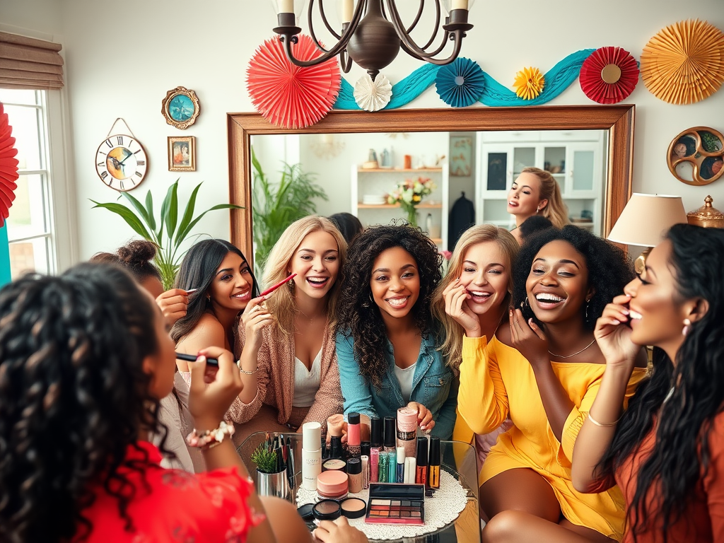 A group of diverse women enjoying makeup together, smiling and applying beauty products in a vibrant setting.