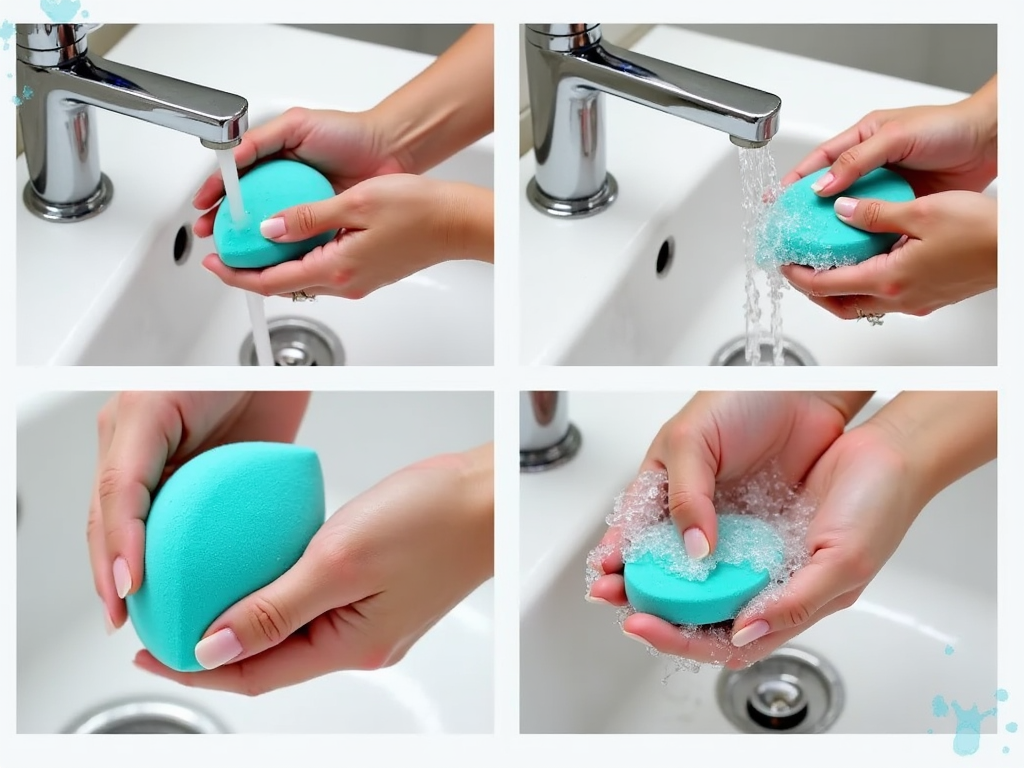 Hands washing a blue sponge under a faucet, squeezing and creating bubbles.