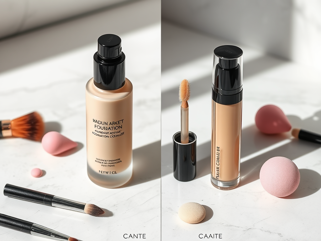 Two foundation products on a marble surface, along with makeup brushes and sponges for application.
