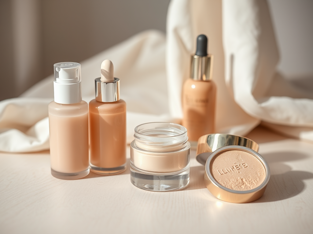 A collection of foundation and skincare products displayed on a wooden surface with soft fabric in the background.