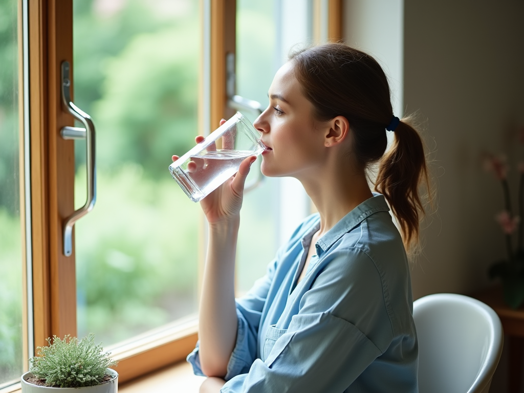 Woman in blue shirt drinking water by a window overlooking greenery.