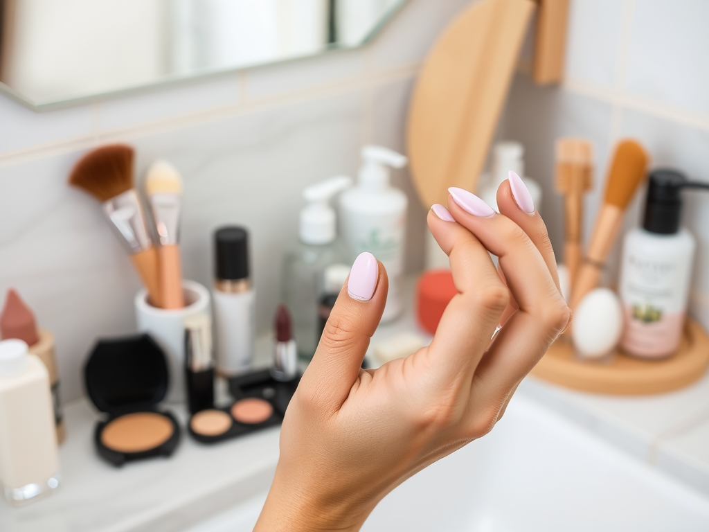 A hand with elegant light pink nails against a backdrop of various beauty products on a bathroom counter.