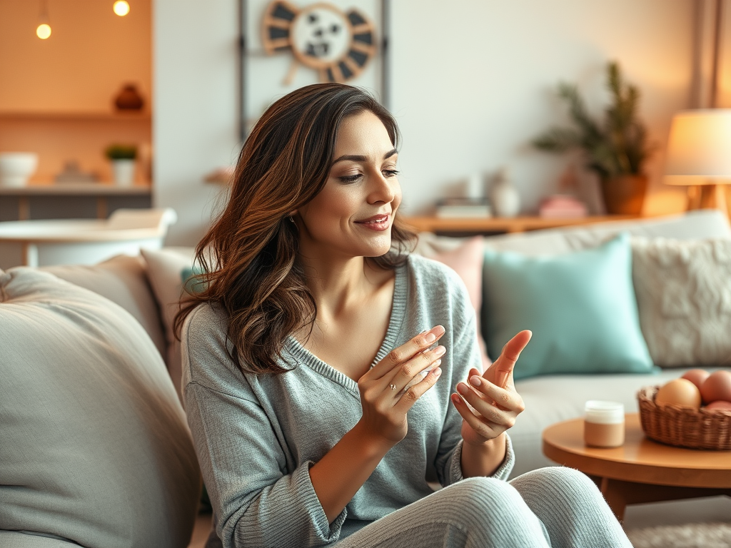 A woman in a cozy setting applies lotion to her hands, smiling and enjoying a moment of self-care.