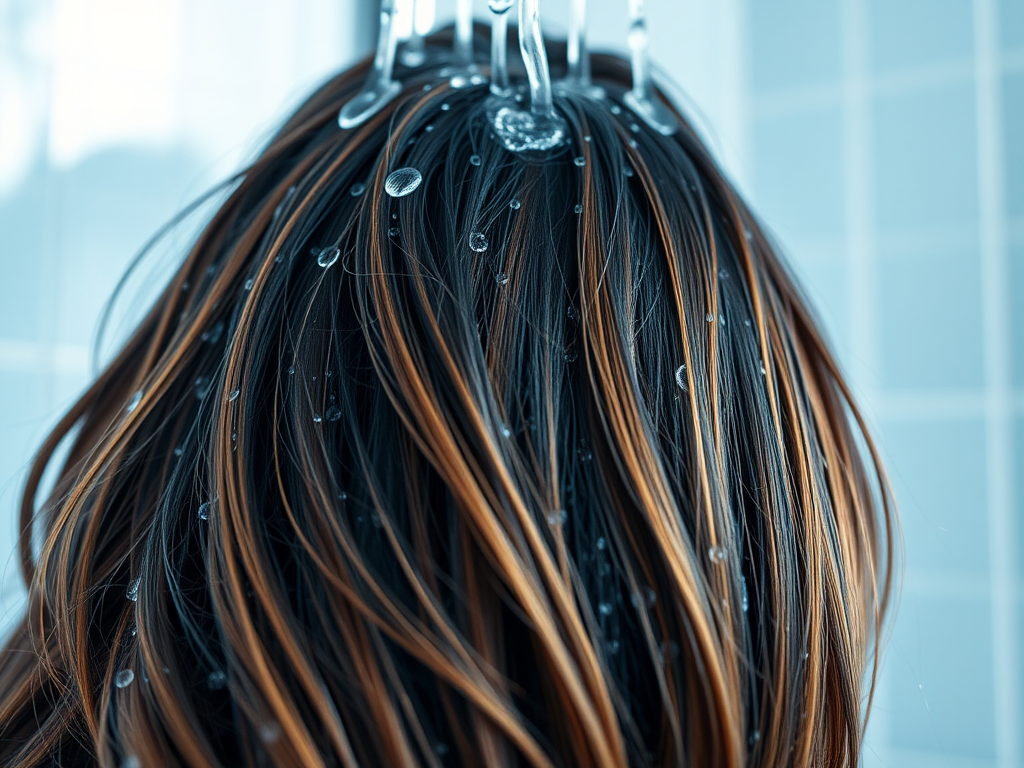 Wet hair with droplets of water streaming down, set against a light blue tiled background.