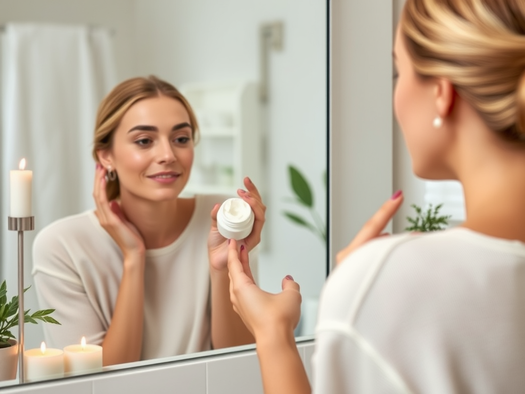 A woman examines her reflection while holding a jar of cream in a bright bathroom, with candles and plants nearby.