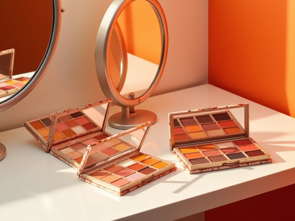 Three makeup palettes on a table with a mirror reflecting them, all in a warm, orange-hued setting.