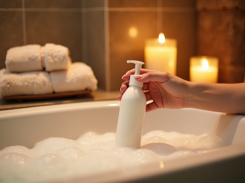 Hand holding a lotion bottle over a bubble-filled bathtub, with towels and candles in the background.