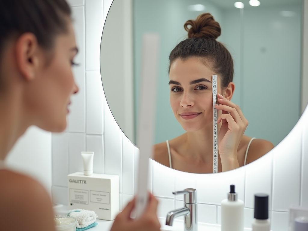 Woman measures her face with a ruler in the mirror, surrounded by skincare products.