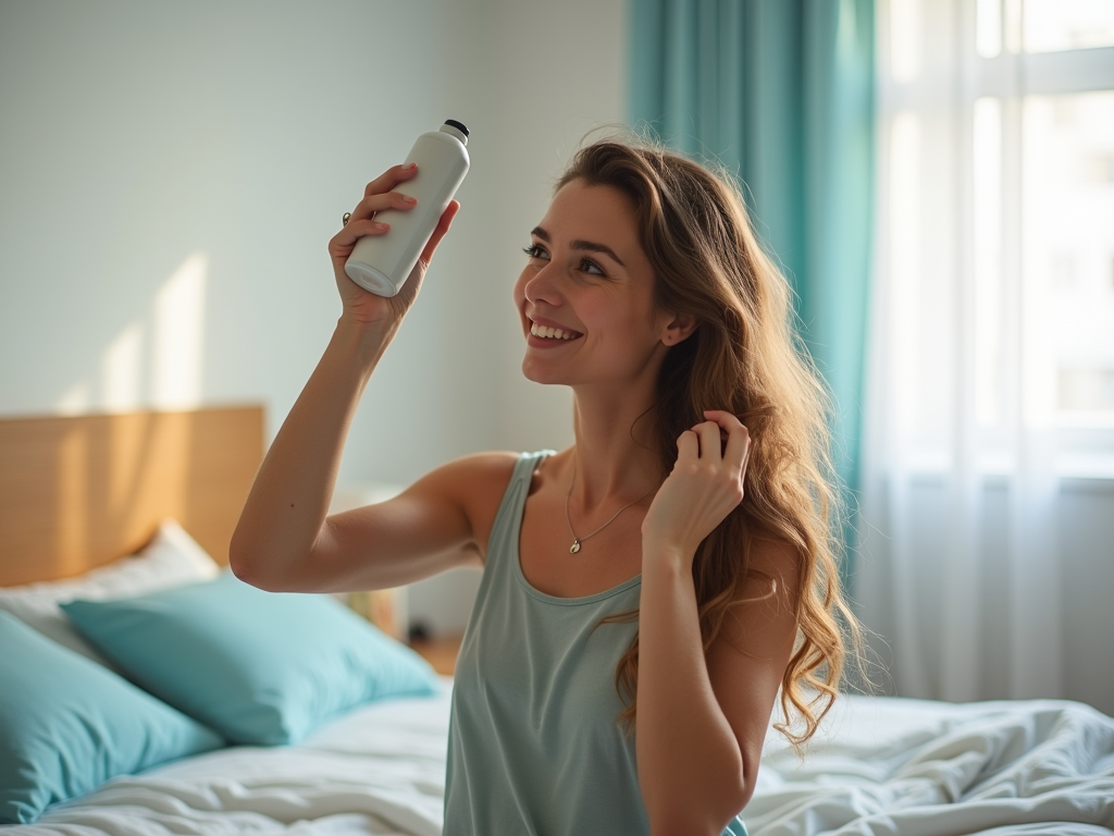 Smiling woman looking at a white bottle in her hand in a sunlit bedroom.