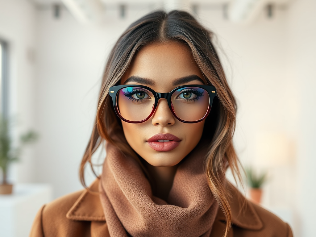 A woman with long hair is wearing stylish glasses and a brown scarf, looking confidently at the camera in a bright room.