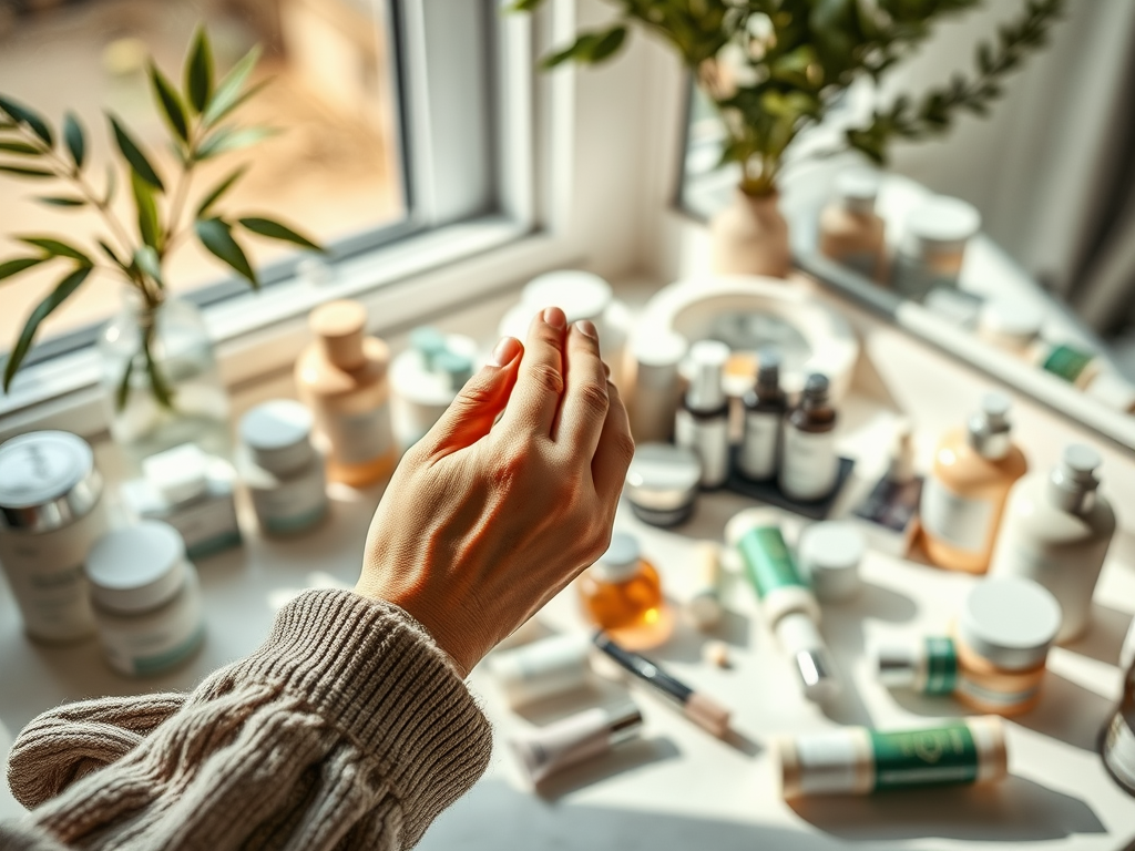 A hand reaching for various skincare products on a windowsill, surrounded by greenery and softly lit by sunlight.